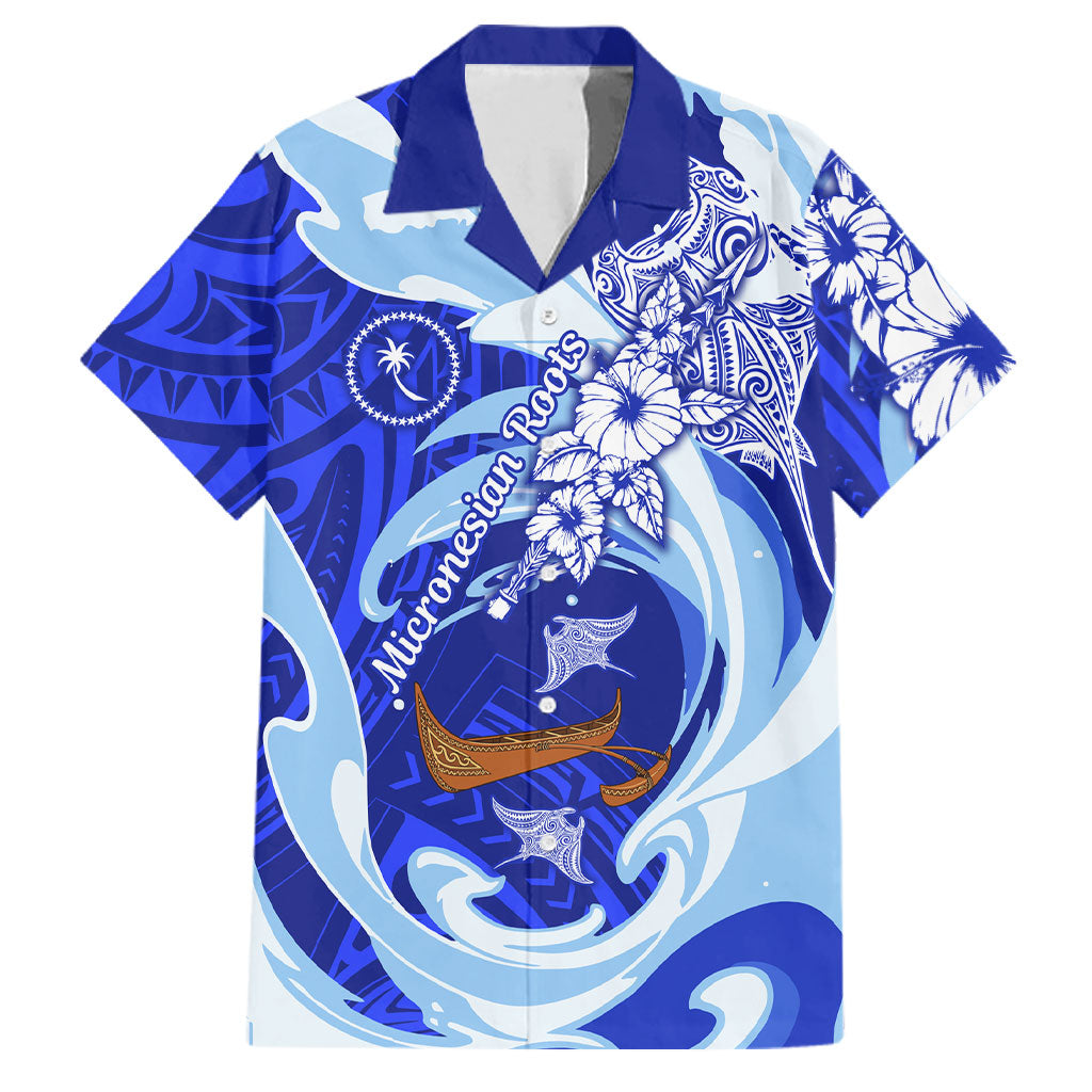 Chuuk Micronesian Roots Family Matching Off The Shoulder Long Sleeve Dress and Hawaiian Shirt Polynesian Tribal Pattern Hibiscus Flower And Stingray Art