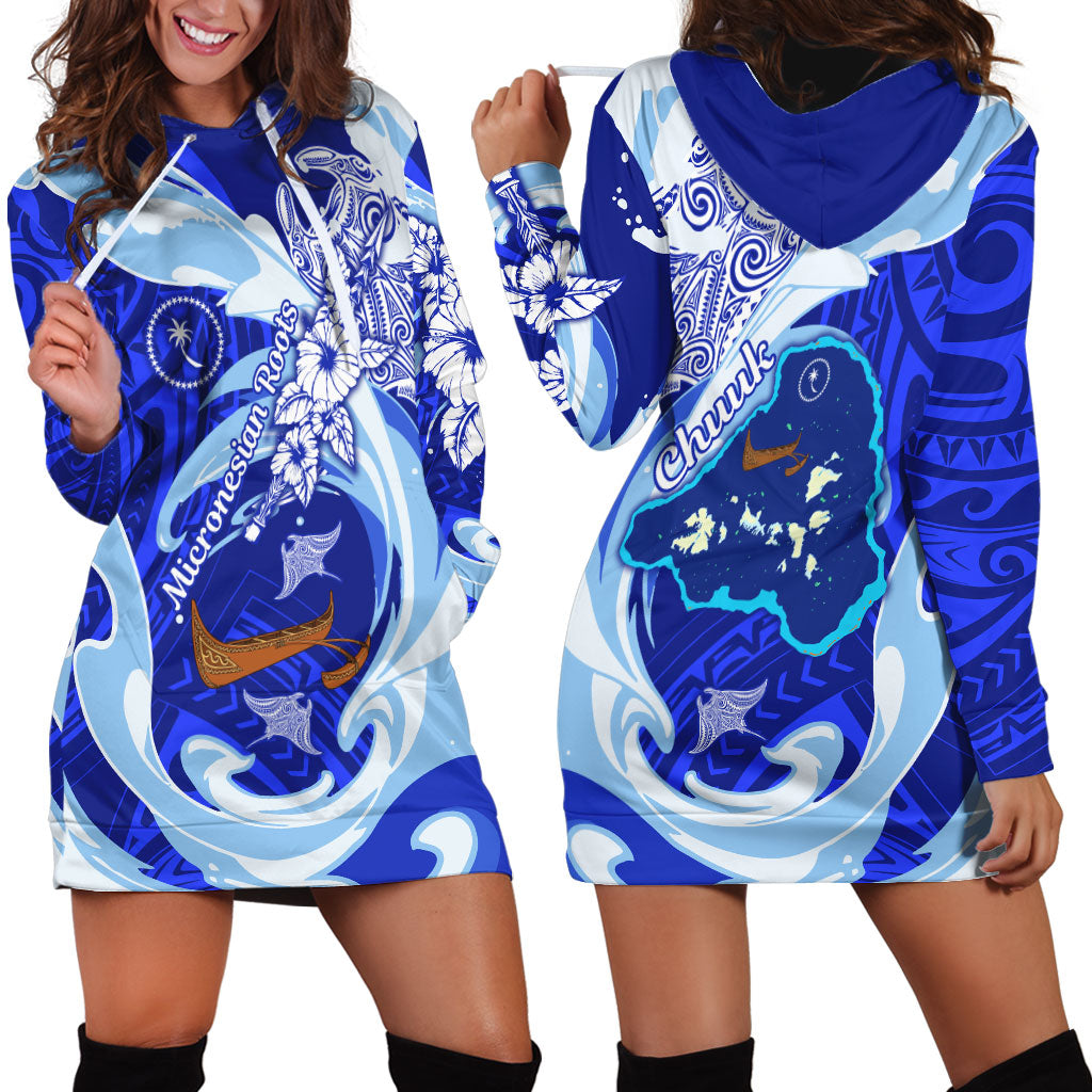 Chuuk Micronesian Roots Hoodie Dress Polynesian Tribal Pattern Hibiscus Flower And Stingray Art
