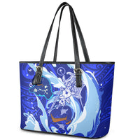 Chuuk Micronesian Roots Leather Tote Bag Polynesian Tribal Pattern Hibiscus Flower And Stingray Art