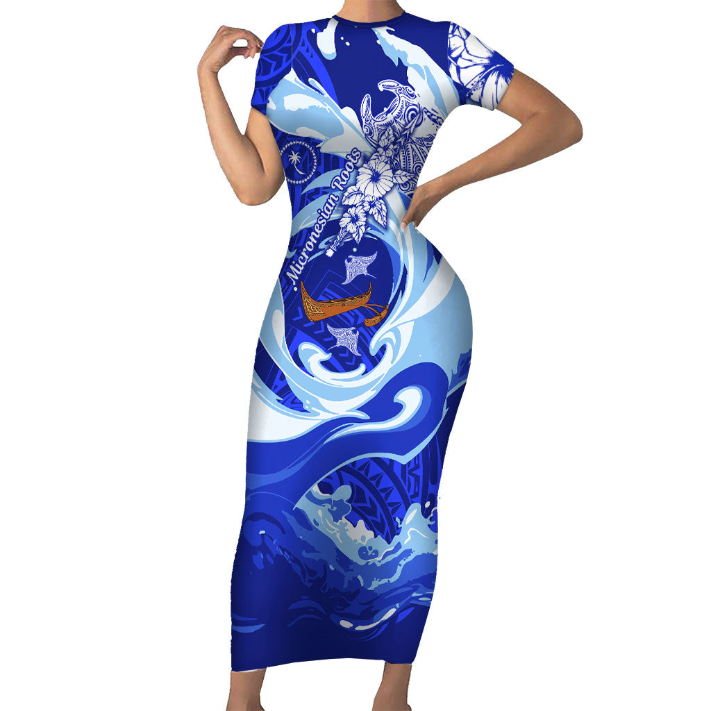 Chuuk Micronesian Roots Short Sleeve Bodycon Dress Polynesian Tribal Pattern Hibiscus Flower And Stingray Art TS04 Long Dress Blue White - Polynesian Pride