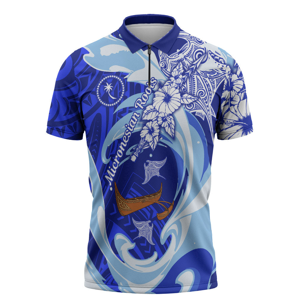 Chuuk Micronesian Roots Zipper Polo Shirt Polynesian Tribal Pattern Hibiscus Flower And Stingray Art