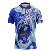 Chuuk Micronesian Roots Zipper Polo Shirt Polynesian Tribal Pattern Hibiscus Flower And Stingray Art