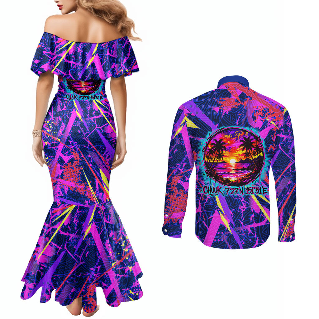Chuuk Tropical Sunset Coordinates Couples Matching Mermaid Dress and Long Sleeve Button Shirt Neon Graffiti Polynesian Tribal
