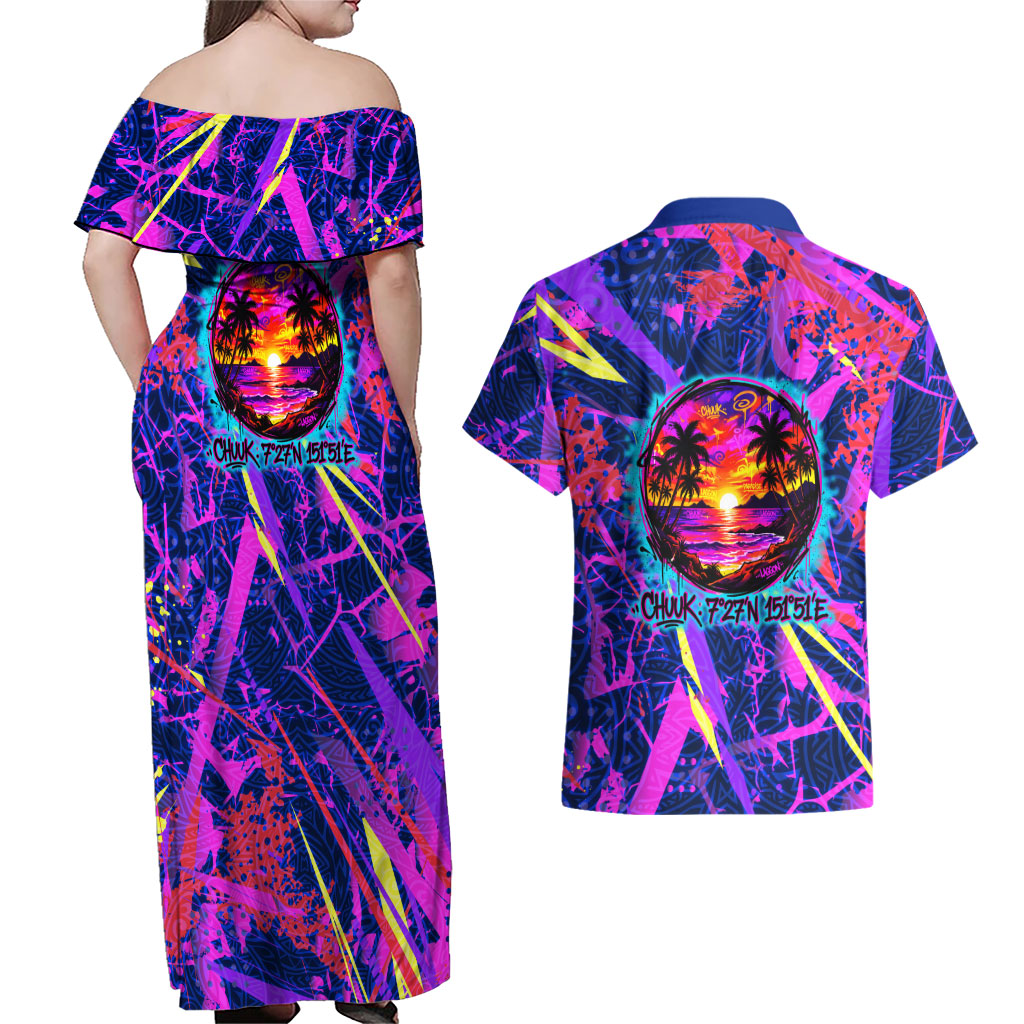 Chuuk Tropical Sunset Coordinates Couples Matching Off Shoulder Maxi Dress and Hawaiian Shirt Neon Graffiti Polynesian Tribal