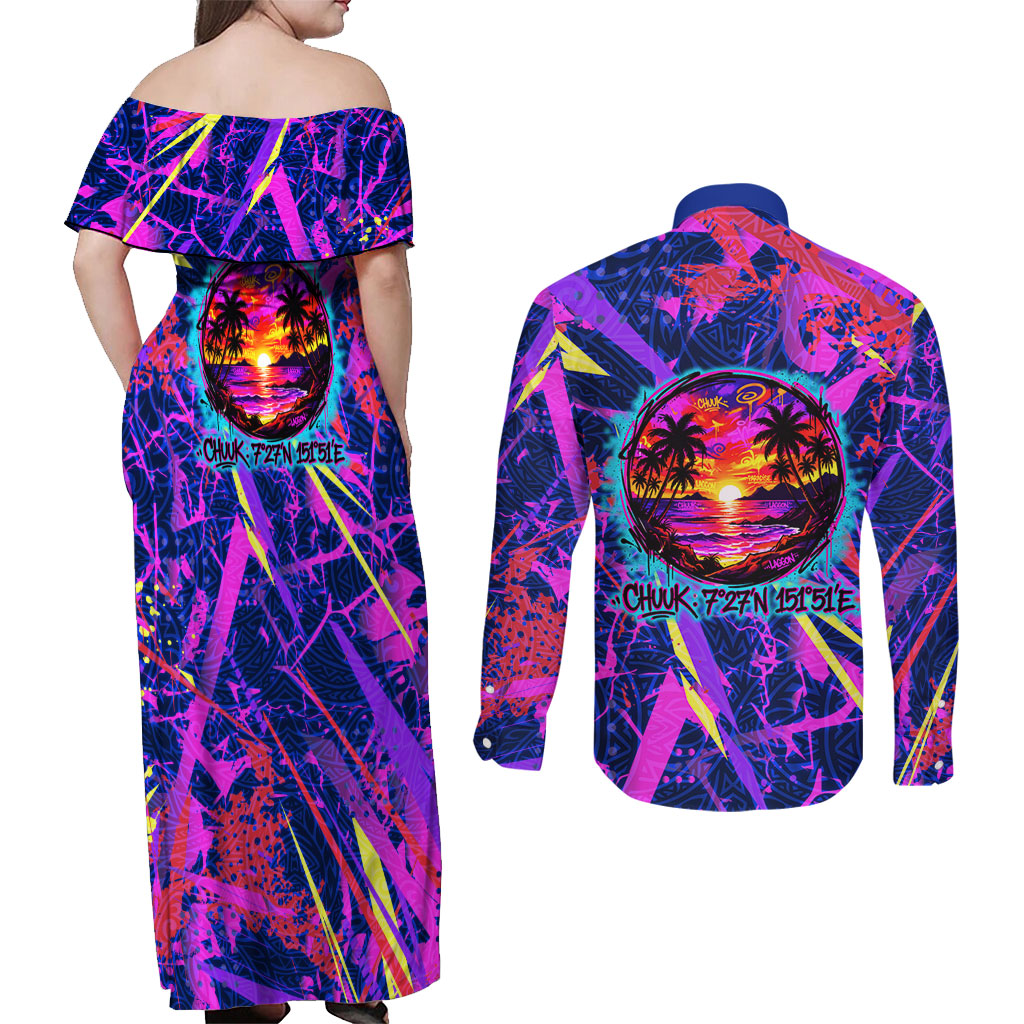 Chuuk Tropical Sunset Coordinates Couples Matching Off Shoulder Maxi Dress and Long Sleeve Button Shirt Neon Graffiti Polynesian Tribal
