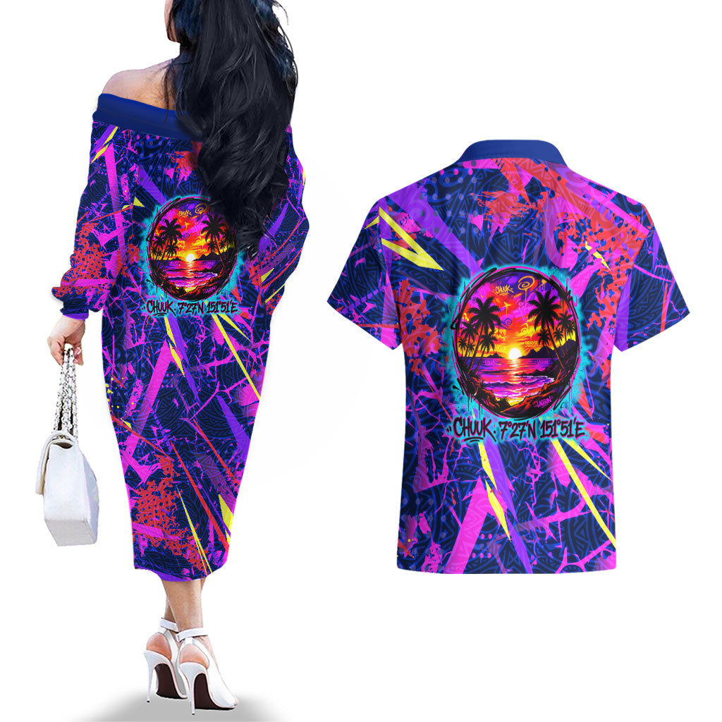 Chuuk Tropical Sunset Coordinates Couples Matching Off The Shoulder Long Sleeve Dress and Hawaiian Shirt Neon Graffiti Polynesian Tribal