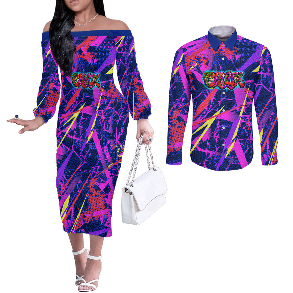 Chuuk Tropical Sunset Coordinates Couples Matching Off The Shoulder Long Sleeve Dress and Long Sleeve Button Shirt Neon Graffiti Polynesian Tribal