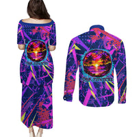 Chuuk Tropical Sunset Coordinates Couples Matching Puletasi and Long Sleeve Button Shirt Neon Graffiti Polynesian Tribal