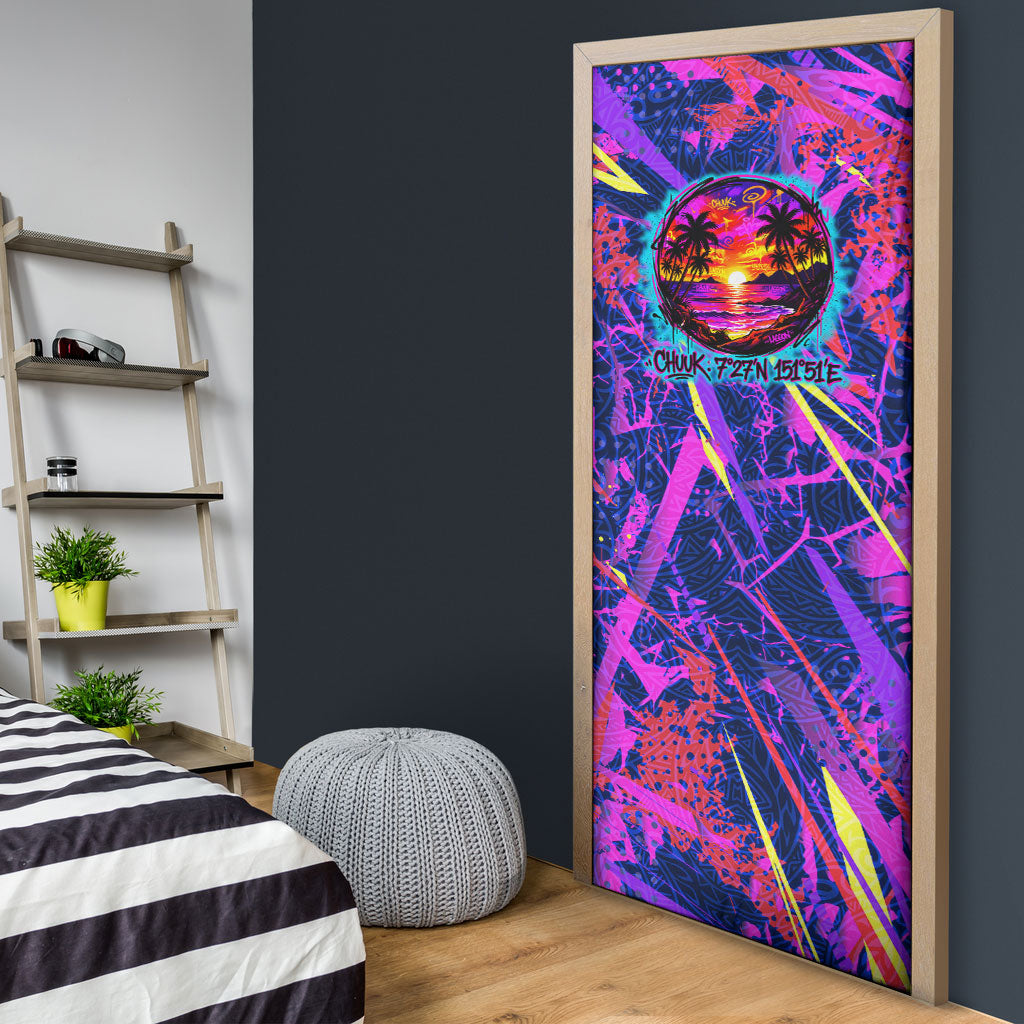 Chuuk Tropical Sunset Coordinates Door Cover Neon Graffiti Polynesian Tribal