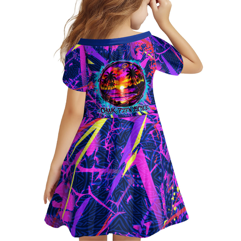Chuuk Tropical Sunset Coordinates Family Matching Long Sleeve Bodycon Dress and Hawaiian Shirt Neon Graffiti Polynesian Tribal