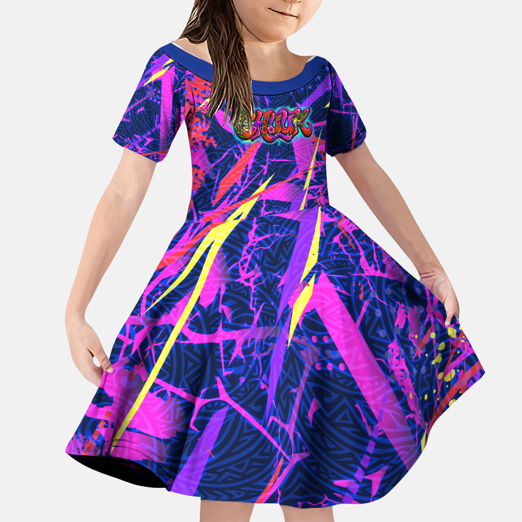 Chuuk Tropical Sunset Coordinates Family Matching Off Shoulder Short Dress and Hawaiian Shirt Neon Graffiti Polynesian Tribal