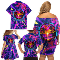 Chuuk Tropical Sunset Coordinates Family Matching Off Shoulder Short Dress and Hawaiian Shirt Neon Graffiti Polynesian Tribal