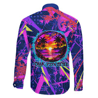 Chuuk Tropical Sunset Coordinates Family Matching Off Shoulder Short Dress and Hawaiian Shirt Neon Graffiti Polynesian Tribal