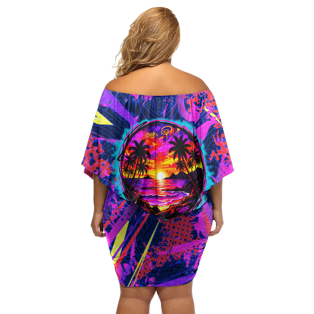 Chuuk Tropical Sunset Coordinates Family Matching Off Shoulder Short Dress and Hawaiian Shirt Neon Graffiti Polynesian Tribal
