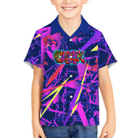 Chuuk Tropical Sunset Coordinates Family Matching Off Shoulder Short Dress and Hawaiian Shirt Neon Graffiti Polynesian Tribal