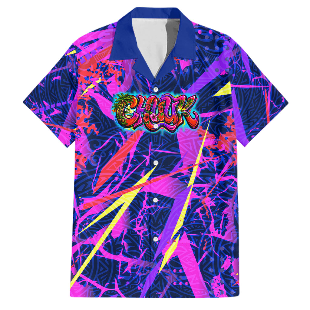 Chuuk Tropical Sunset Coordinates Family Matching Puletasi and Hawaiian Shirt Neon Graffiti Polynesian Tribal