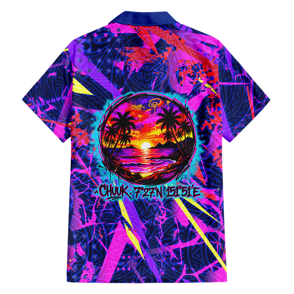 Chuuk Tropical Sunset Coordinates Family Matching Short Sleeve Bodycon Dress and Hawaiian Shirt Neon Graffiti Polynesian Tribal
