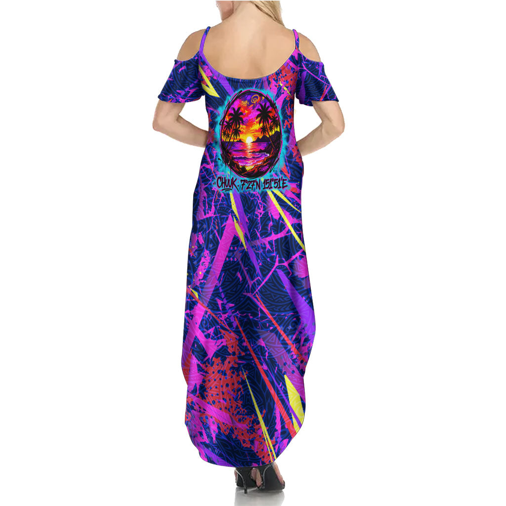 Chuuk Tropical Sunset Coordinates Family Matching Summer Maxi Dress and Hawaiian Shirt Neon Graffiti Polynesian Tribal