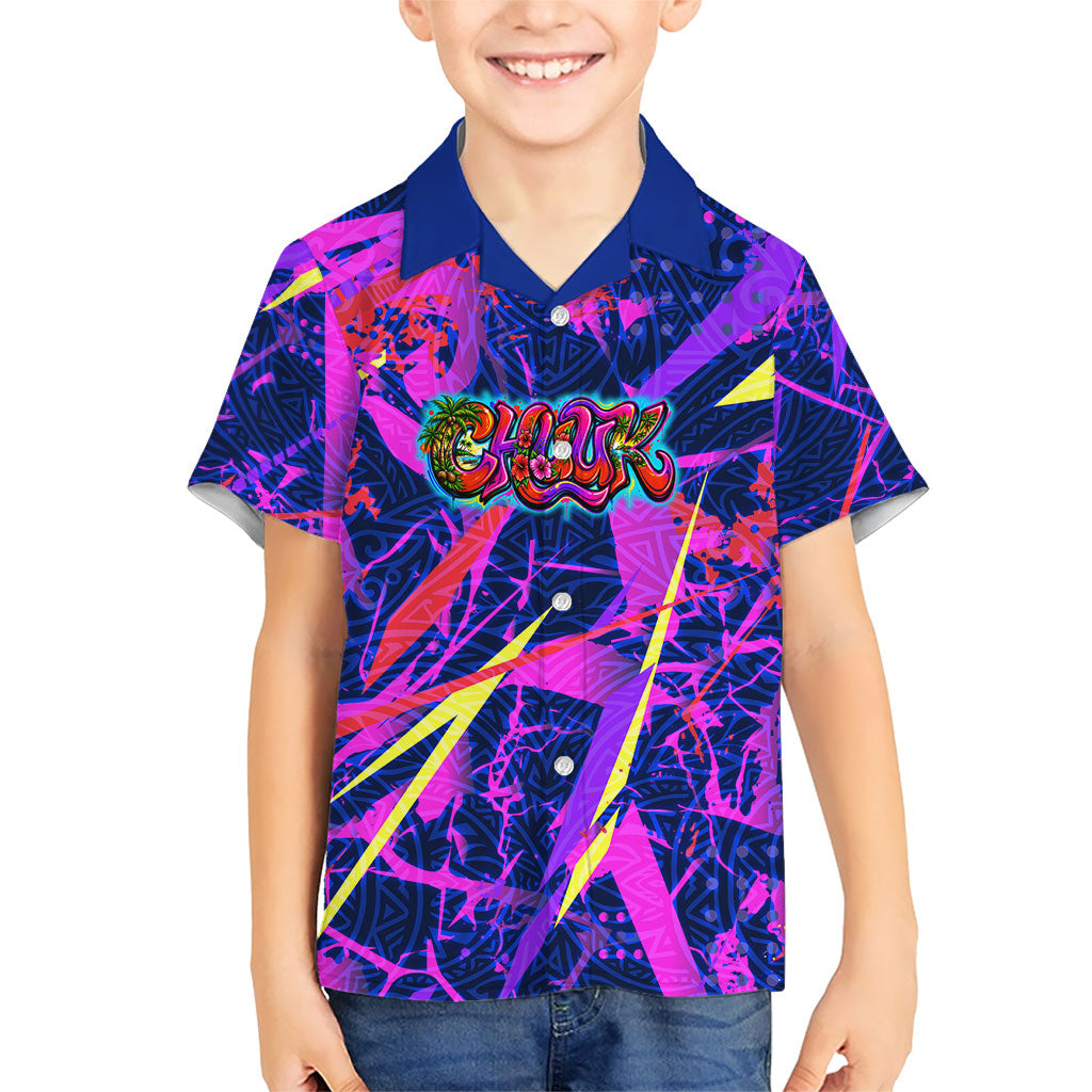 Chuuk Tropical Sunset Coordinates Family Matching Tank Maxi Dress and Hawaiian Shirt Neon Graffiti Polynesian Tribal