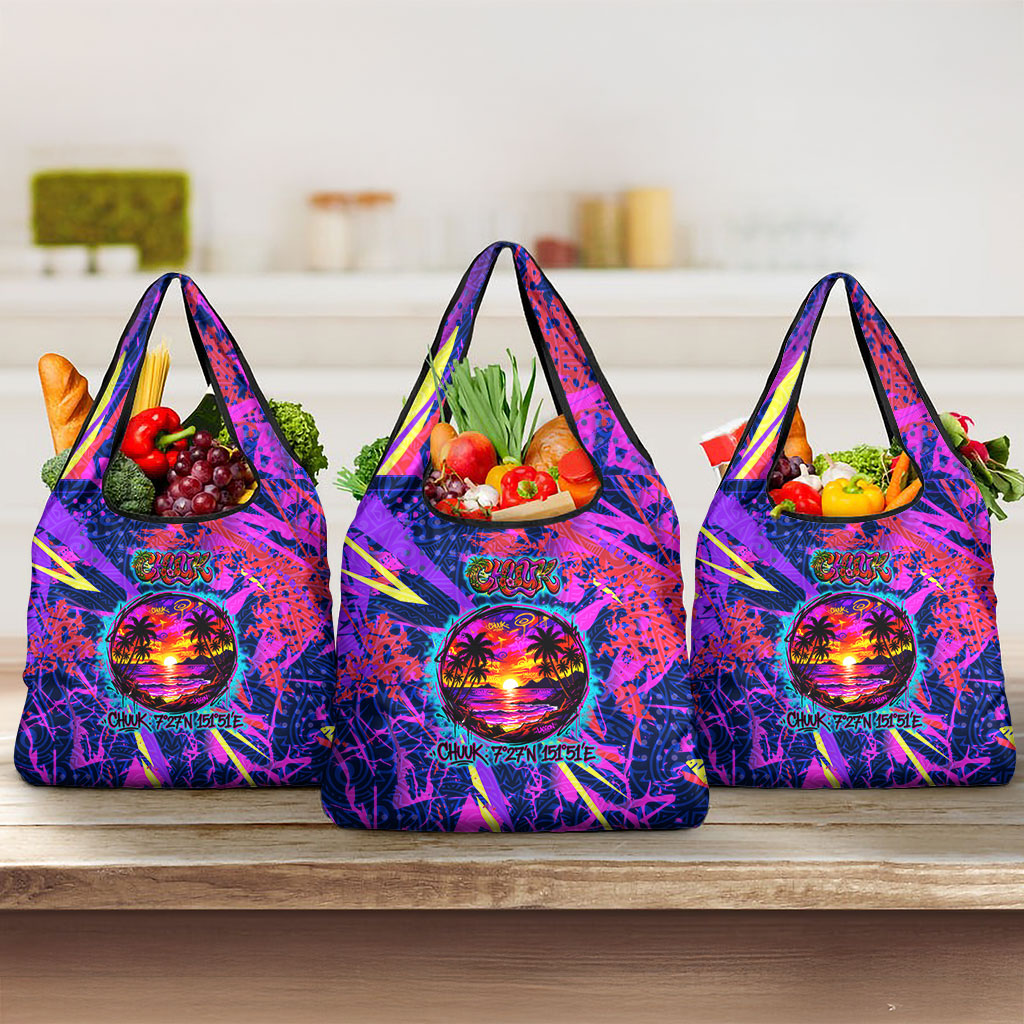 Chuuk Tropical Sunset Coordinates Grocery Bag Neon Graffiti Polynesian Tribal