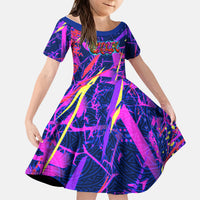 Chuuk Tropical Sunset Coordinates Kid Short Sleeve Dress Neon Graffiti Polynesian Tribal