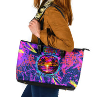 Chuuk Tropical Sunset Coordinates Leather Tote Bag Neon Graffiti Polynesian Tribal