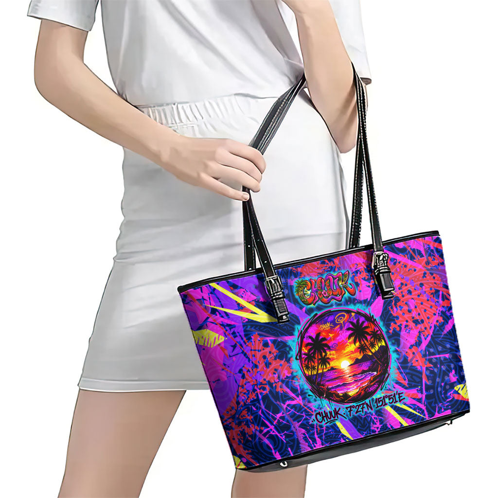Chuuk Tropical Sunset Coordinates Leather Tote Bag Neon Graffiti Polynesian Tribal