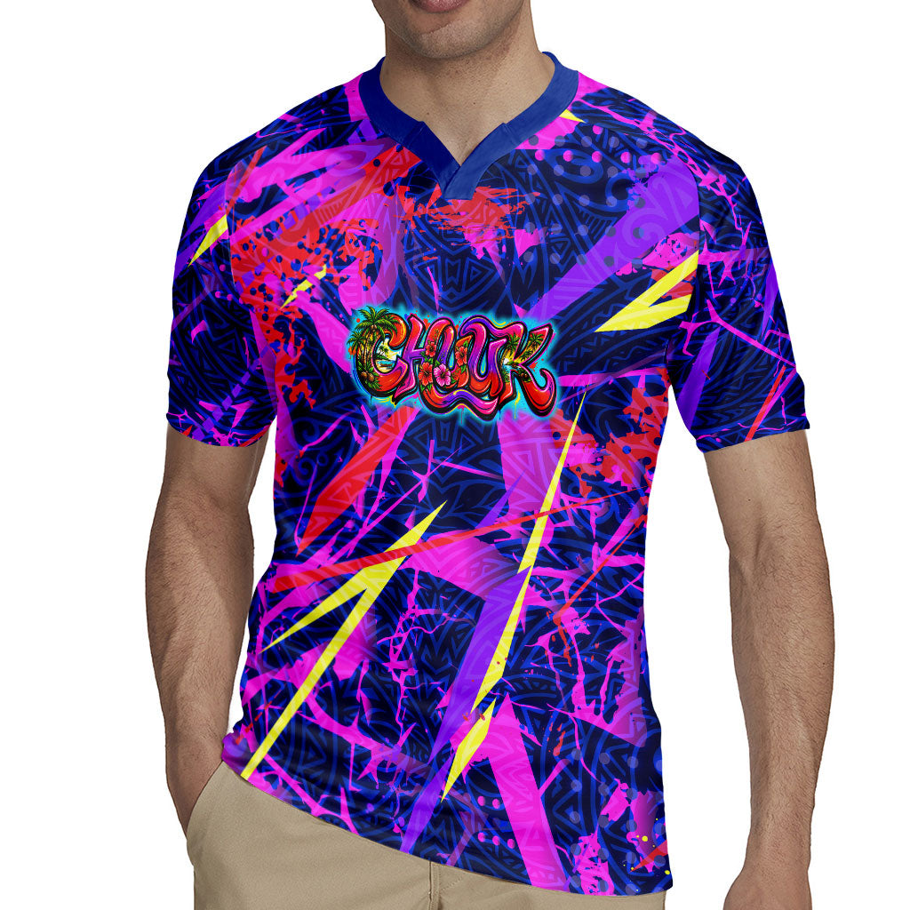 Chuuk Tropical Sunset Coordinates Rugby Jersey Neon Graffiti Polynesian Tribal