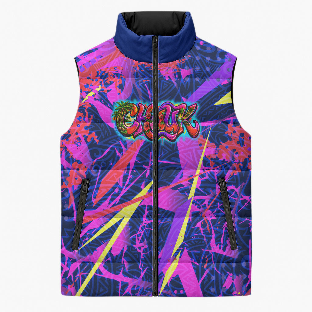 Chuuk Tropical Sunset Coordinates Sleeveless Puffer Jacket Neon Graffiti Polynesian Tribal