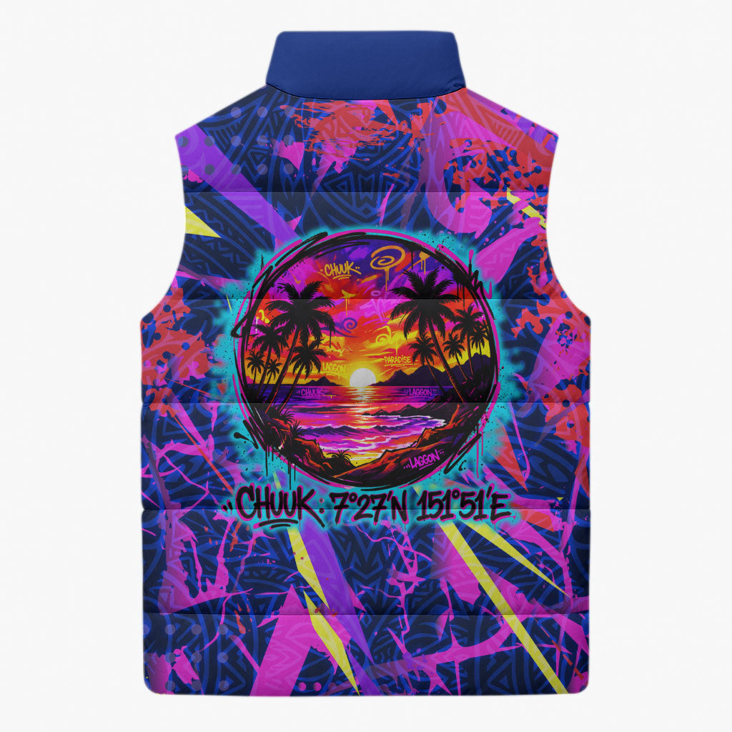 Chuuk Tropical Sunset Coordinates Sleeveless Puffer Jacket Neon Graffiti Polynesian Tribal