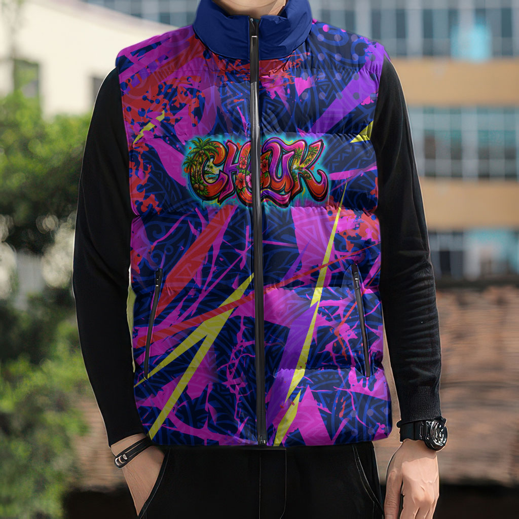 Chuuk Tropical Sunset Coordinates Sleeveless Puffer Jacket Neon Graffiti Polynesian Tribal