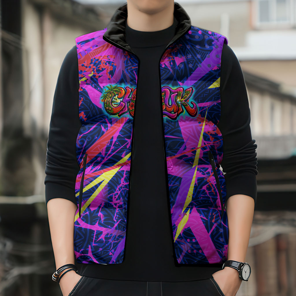 Chuuk Tropical Sunset Coordinates Sleeveless Puffer Jacket Neon Graffiti Polynesian Tribal