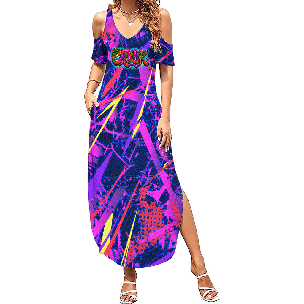 Chuuk Tropical Sunset Coordinates Summer Maxi Dress Neon Graffiti Polynesian Tribal