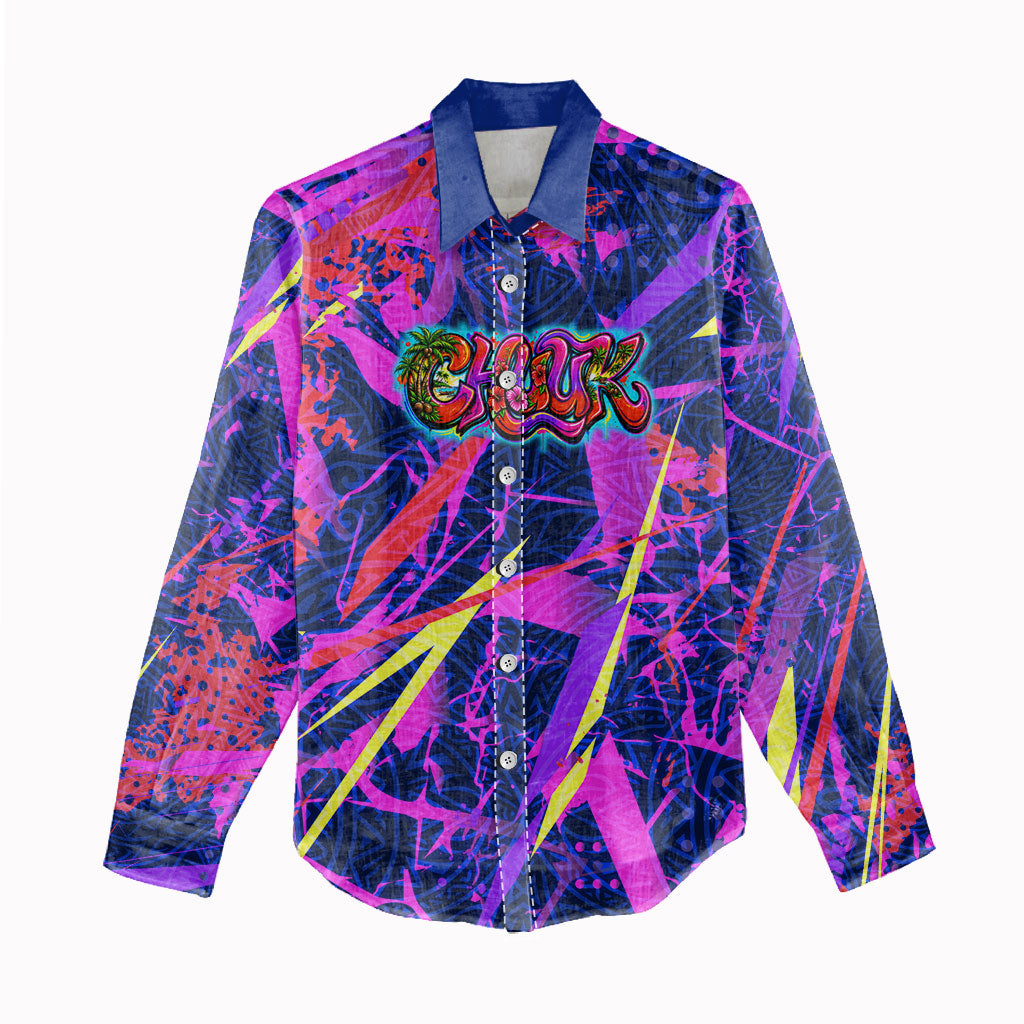 Chuuk Tropical Sunset Coordinates Women Casual Shirt Neon Graffiti Polynesian Tribal