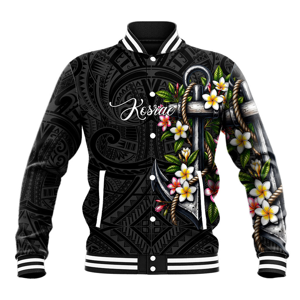 Kosrae Nautical Heritage Baseball Jacket Polynesian Tribal Anchor With Plumeria Tropical Art