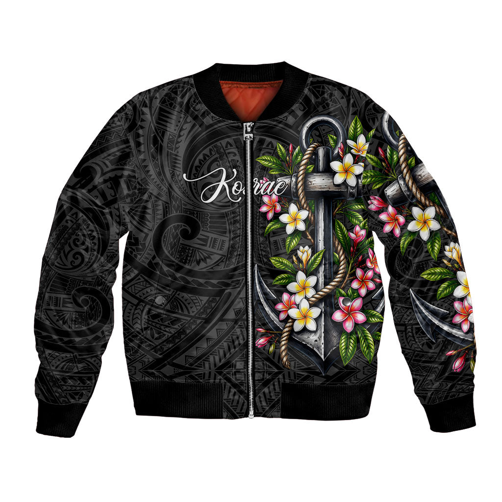 Kosrae Nautical Heritage Bomber Jacket Polynesian Tribal Anchor With Plumeria Tropical Art