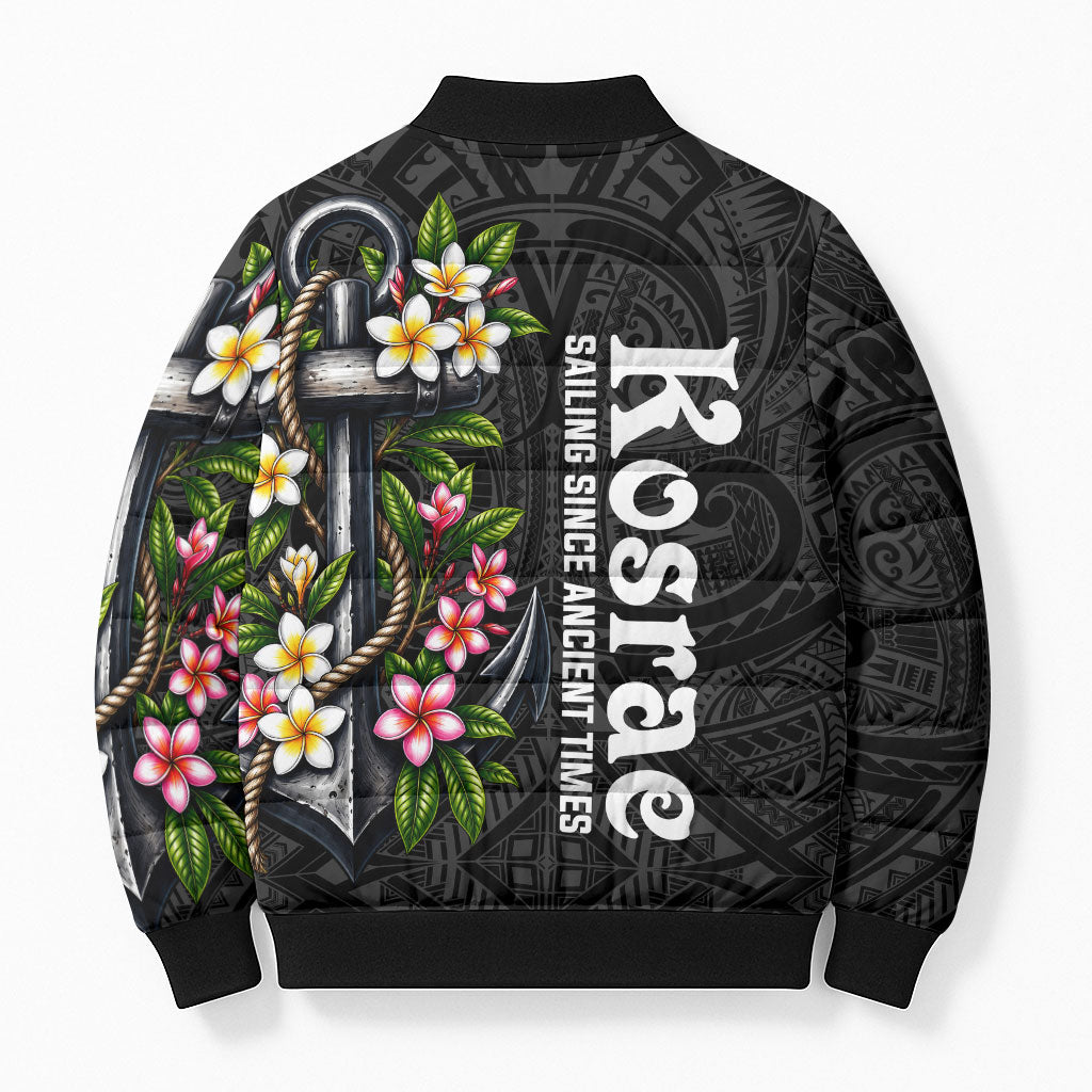 Kosrae Nautical Heritage Bomber Puffer Jacket Polynesian Tribal Anchor With Plumeria Tropical Art
