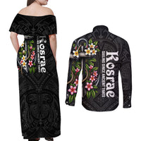 Kosrae Nautical Heritage Couples Matching Off Shoulder Maxi Dress and Long Sleeve Button Shirt Polynesian Tribal Anchor With Plumeria Tropical Art
