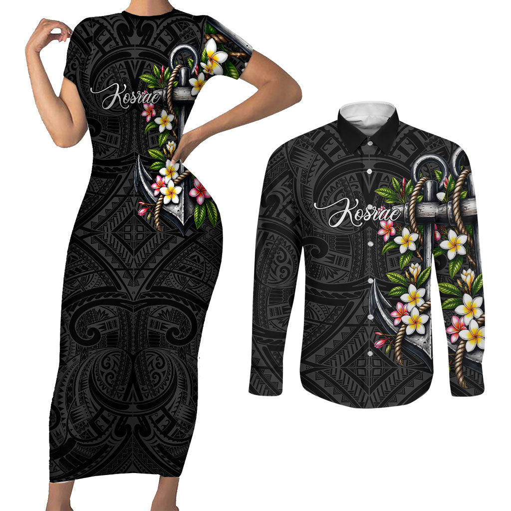 Kosrae Nautical Heritage Couples Matching Short Sleeve Bodycon Dress and Long Sleeve Button Shirt Polynesian Tribal Anchor With Plumeria Tropical Art