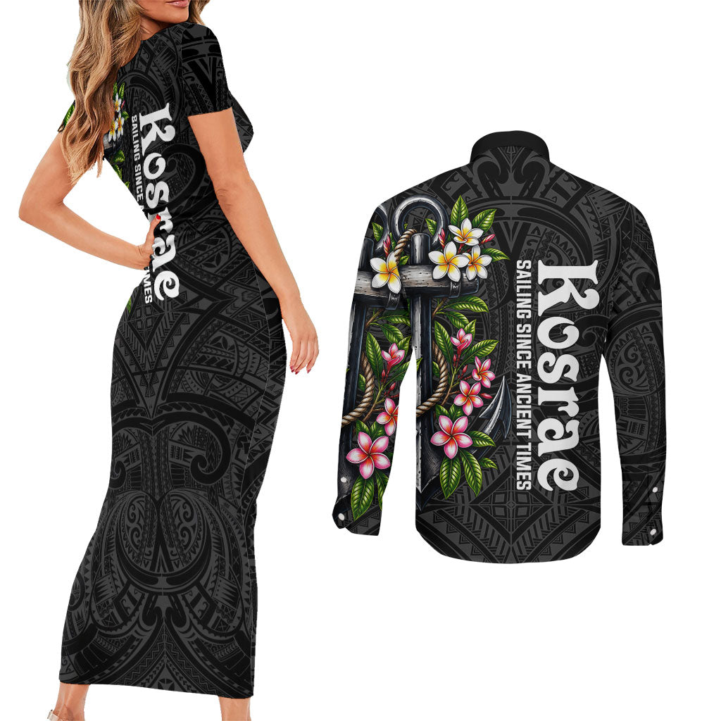 Kosrae Nautical Heritage Couples Matching Short Sleeve Bodycon Dress and Long Sleeve Button Shirt Polynesian Tribal Anchor With Plumeria Tropical Art