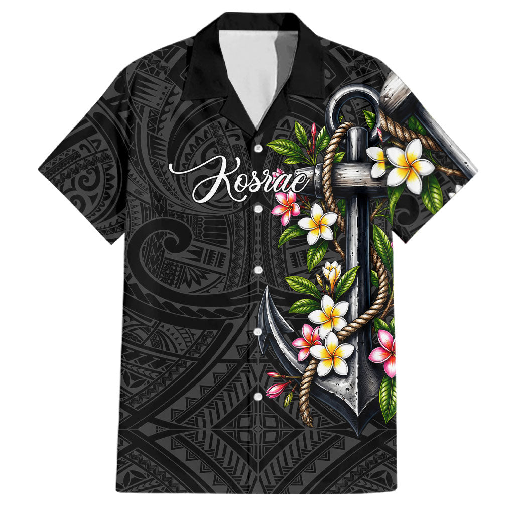 Kosrae Nautical Heritage Family Matching Long Sleeve Bodycon Dress and Hawaiian Shirt Polynesian Tribal Anchor With Plumeria Tropical Art TS04 Dad's Shirt - Short Sleeve Black Grey - Polynesian Pride