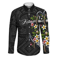 Kosrae Nautical Heritage Family Matching Long Sleeve Bodycon Dress and Hawaiian Shirt Polynesian Tribal Anchor With Plumeria Tropical Art TS04 Dad's Shirt - Long Sleeve Black Grey - Polynesian Pride