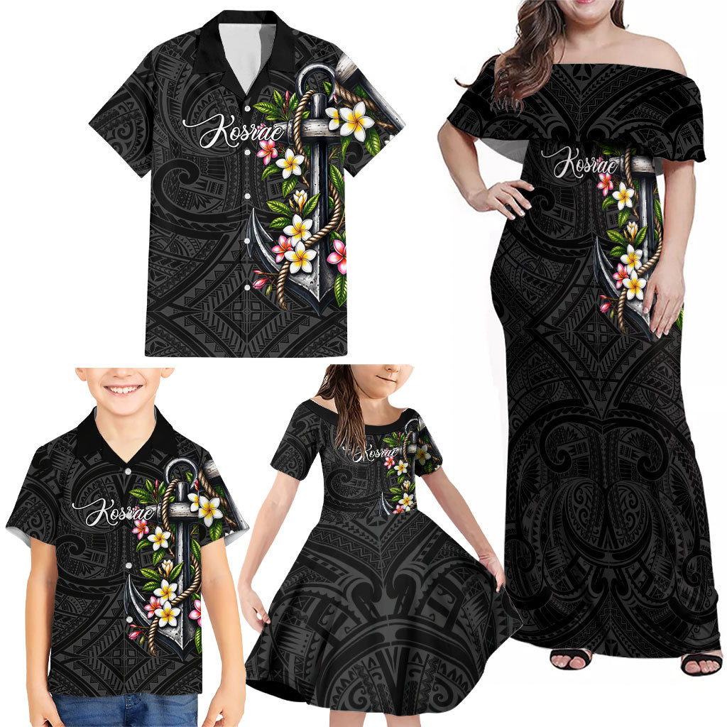 Kosrae Nautical Heritage Family Matching Off Shoulder Maxi Dress and Hawaiian Shirt Polynesian Tribal Anchor With Plumeria Tropical Art
