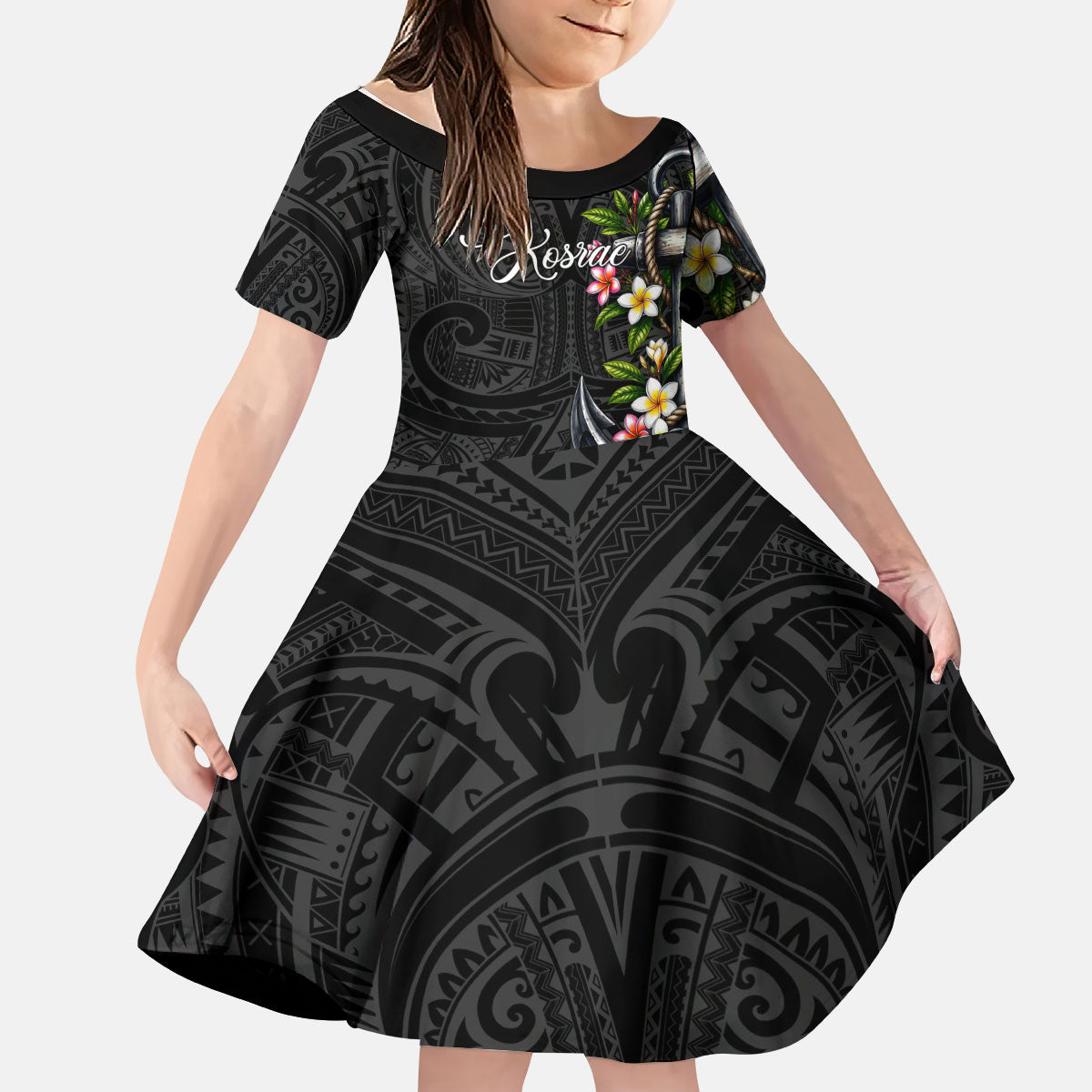 Kosrae Nautical Heritage Kid Short Sleeve Dress Polynesian Tribal Anchor With Plumeria Tropical Art