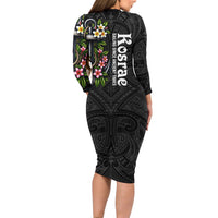 Kosrae Nautical Heritage Long Sleeve Bodycon Dress Polynesian Tribal Anchor With Plumeria Tropical Art