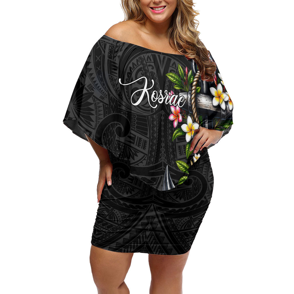 Kosrae Nautical Heritage Off Shoulder Short Dress Polynesian Tribal Anchor With Plumeria Tropical Art