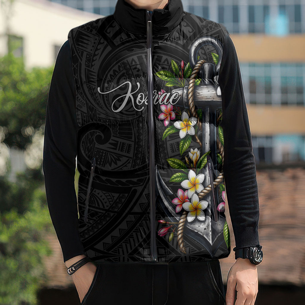 Kosrae Nautical Heritage Sleeveless Puffer Jacket Polynesian Tribal Anchor With Plumeria Tropical Art