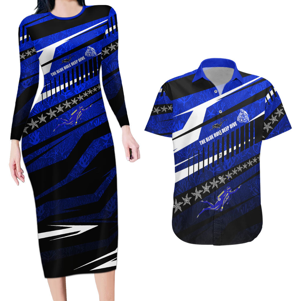 Kosrae Deep Sea Scuba Diving Couples Matching Long Sleeve Bodycon Dress and Hawaiian Shirt Blue Hole Beneath The Surface Coral Reef Graphic Art