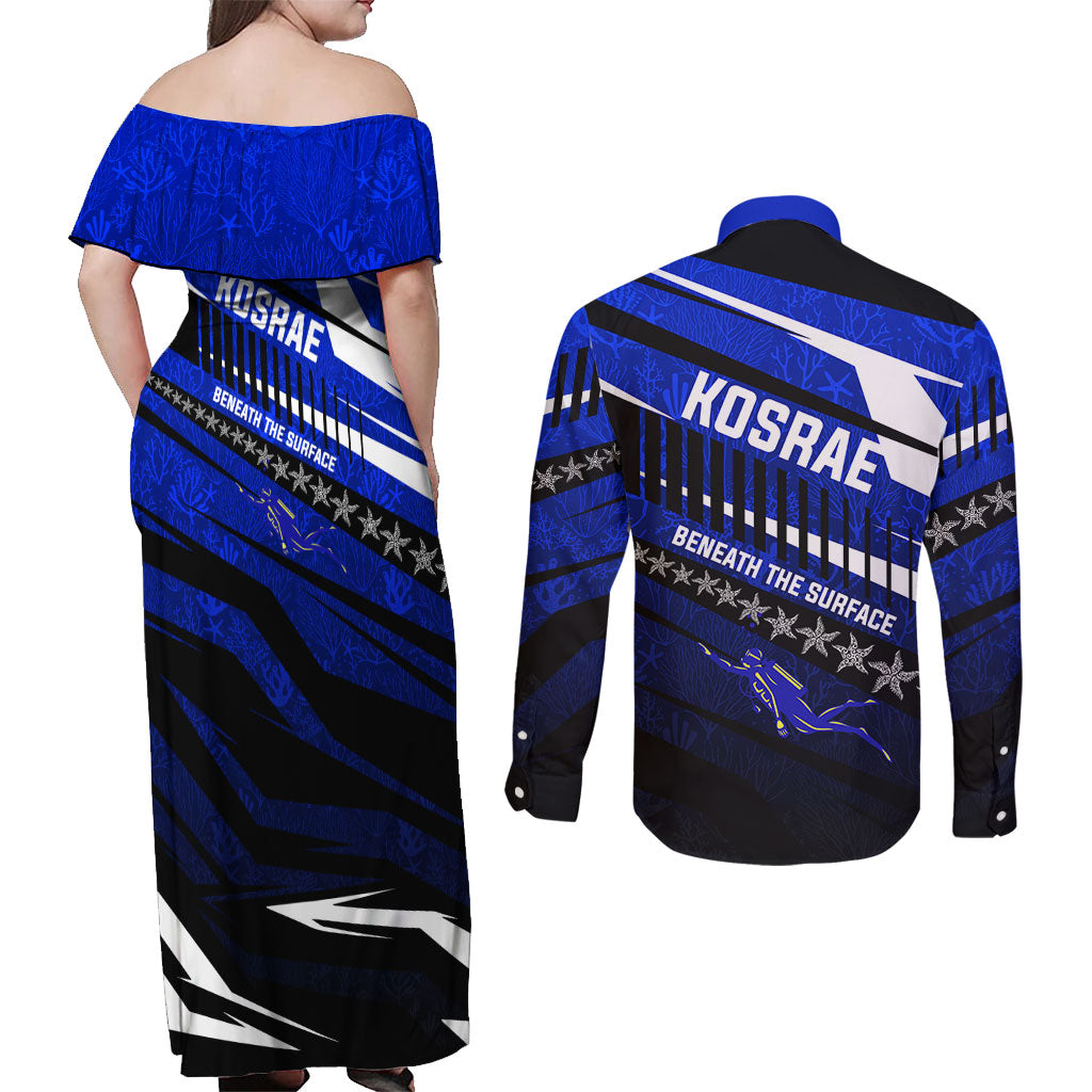 Kosrae Deep Sea Scuba Diving Couples Matching Off Shoulder Maxi Dress and Long Sleeve Button Shirt Blue Hole Beneath The Surface Coral Reef Graphic Art