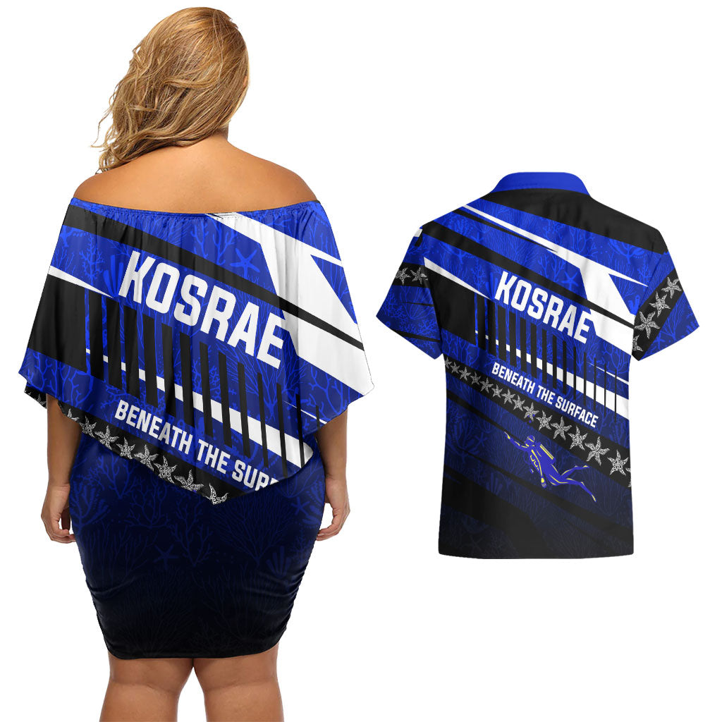 Kosrae Deep Sea Scuba Diving Couples Matching Off Shoulder Short Dress and Hawaiian Shirt Blue Hole Beneath The Surface Coral Reef Graphic Art